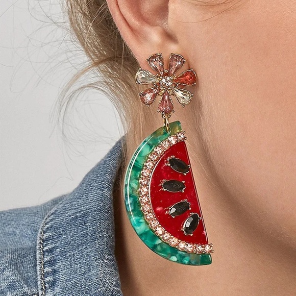 Coming Soon! Watermelon Crystal and Rhinestone Drop Earrings - Picture 3 of 6